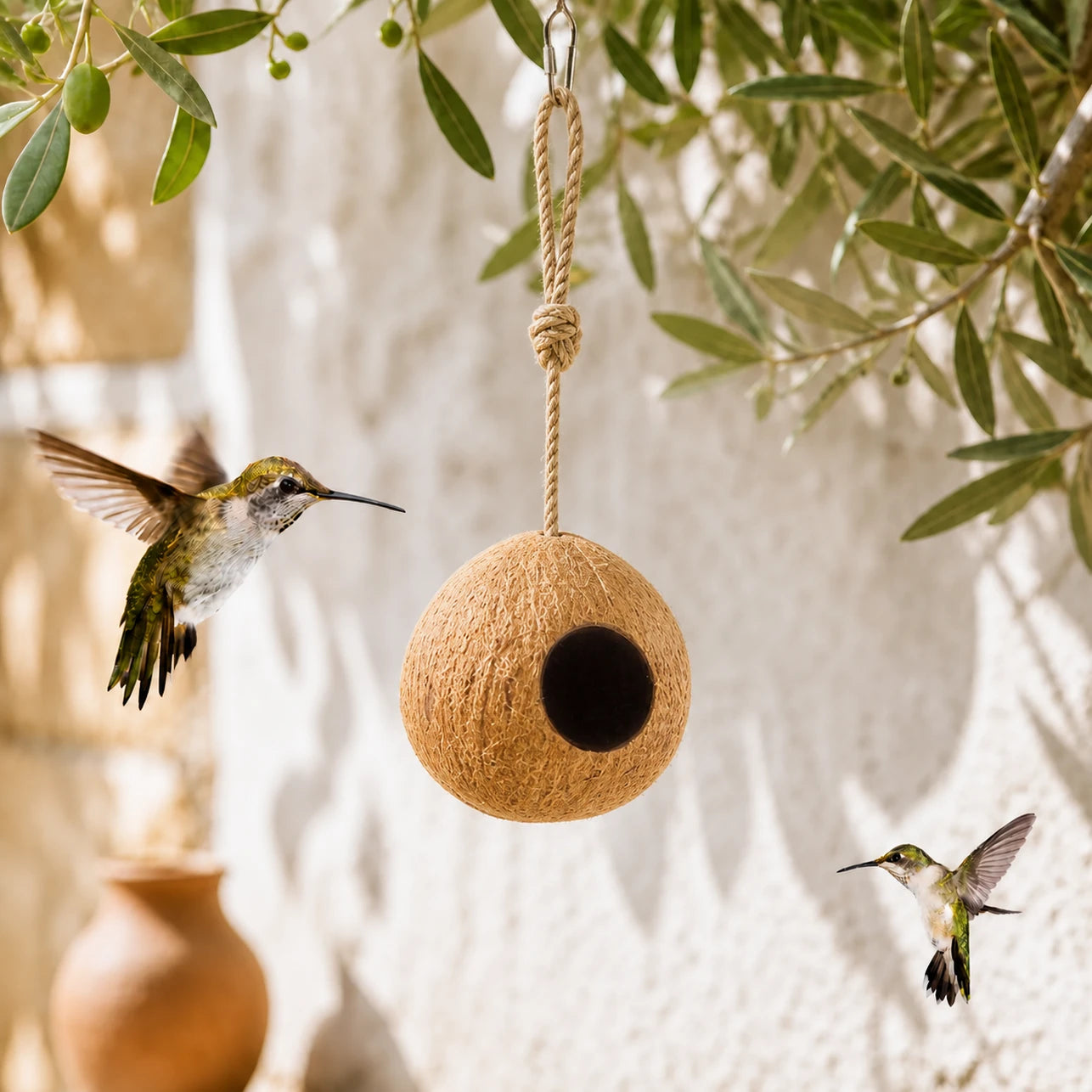 Birdhouse hanging in coconut shell with entrance round