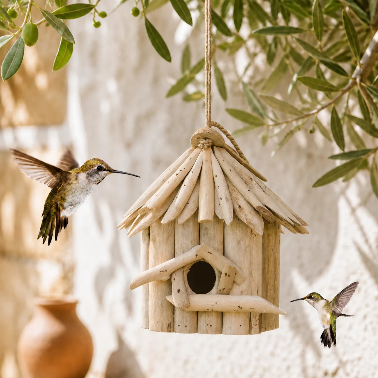 Birdhouse hanging in wood beige size 20 × 17 × 24 cm