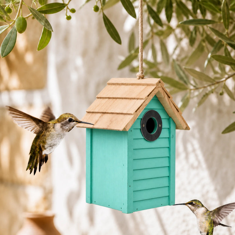 Birdhouse green with roof of shingles
