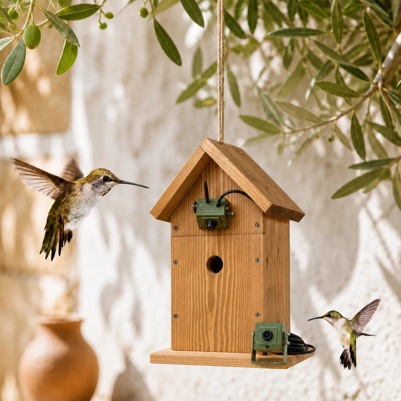 Birdhouse handcrafted in wood brown size 44 × 44 × 33 mm