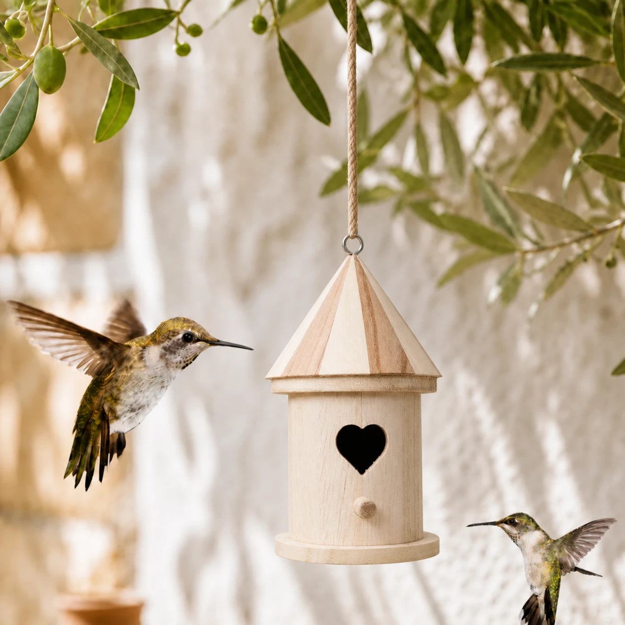 Birdhouse cylindrical in wood with entrance heart