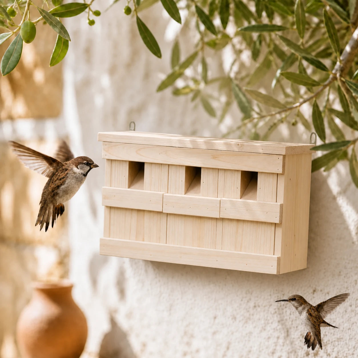 Birdhouse with 3 chambers in wood natural