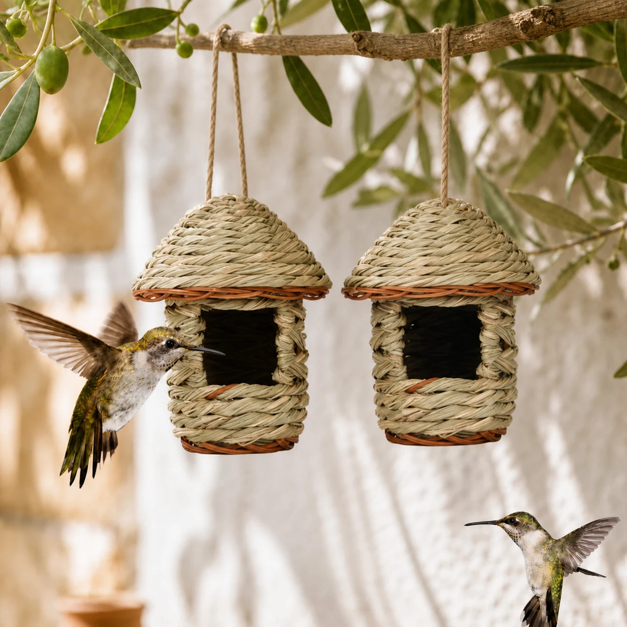 Set of 2 birdhouses hanging in rotin with roof conical
