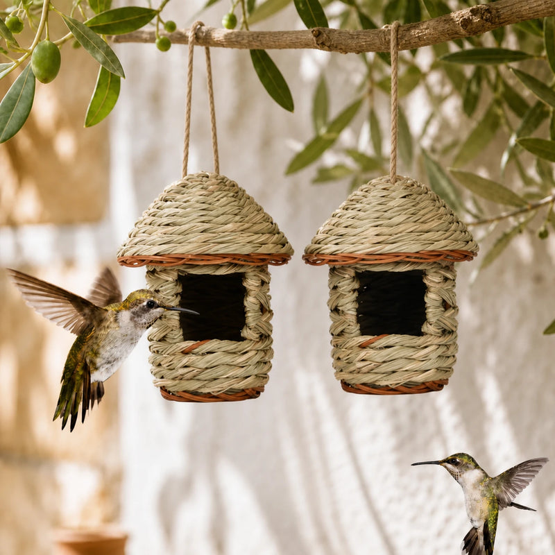 Set of 2 birdhouses hanging in rotin with roof conical