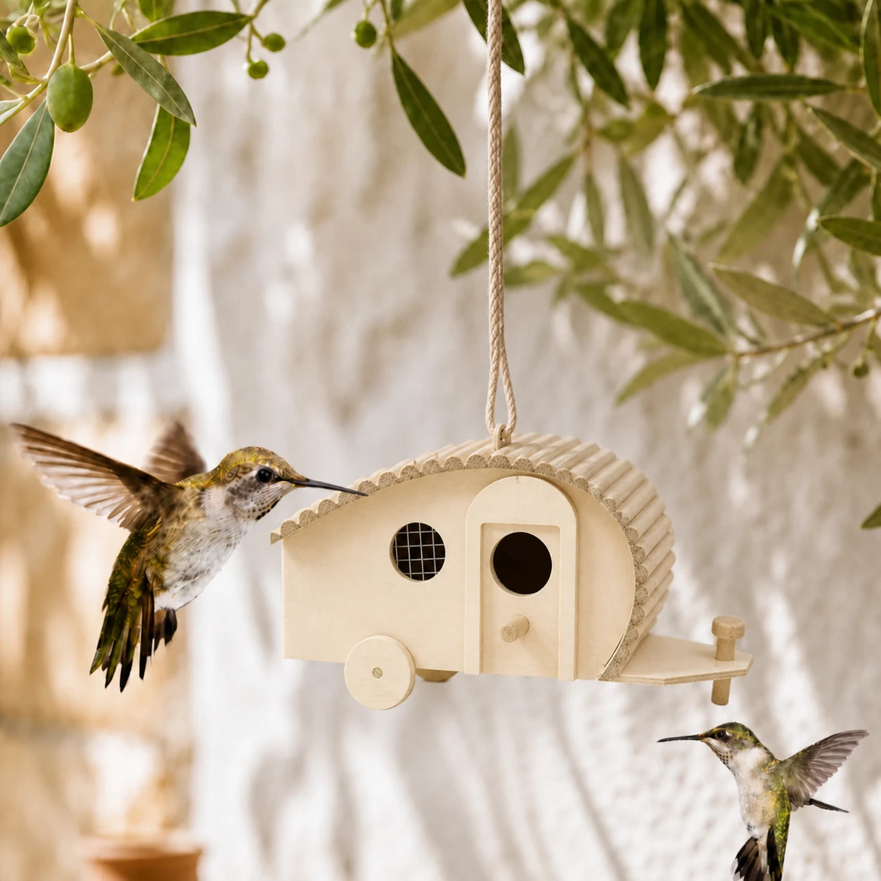 Birdhouse decorative white with double entrance and perch