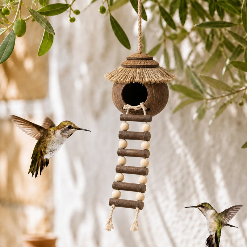 Birdhouse hanging in coconut shell with roof of straw