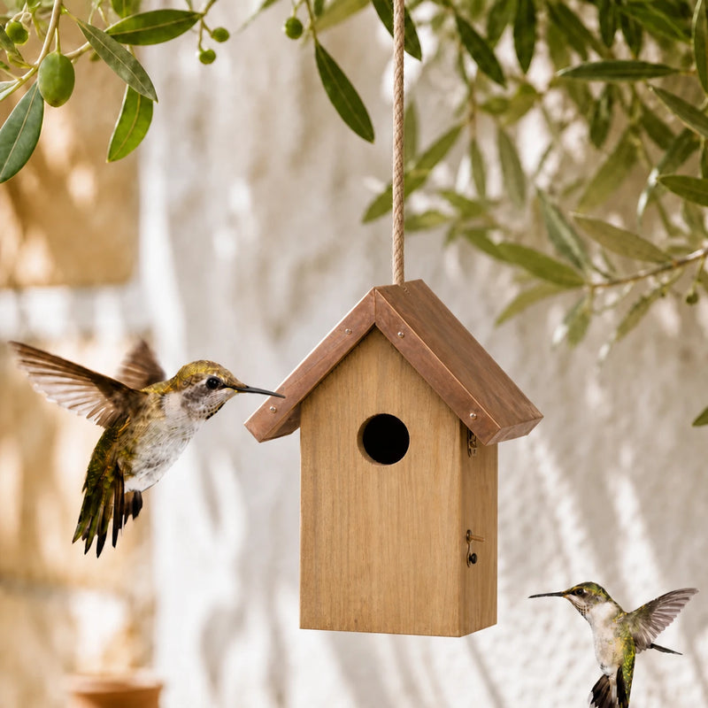 Birdhouse in wood with copper roof brown