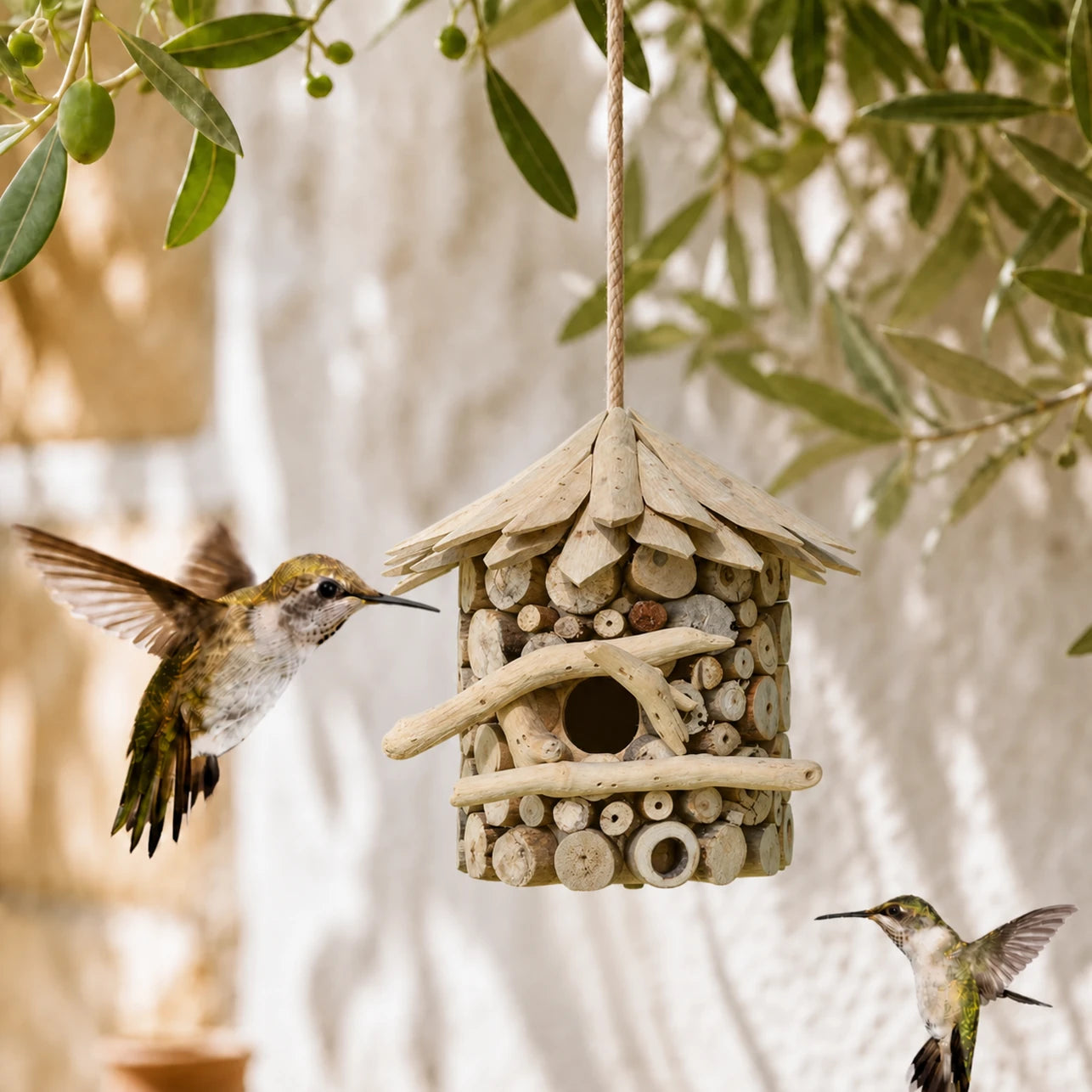 Birdhouse rustic in logs with roof sloping