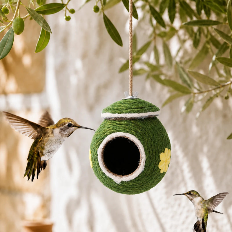 Birdhouse hanging in fibres green with pattern floral