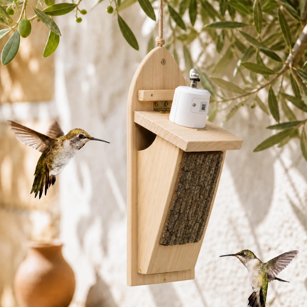 Birdhouse connected sloping with front in bark