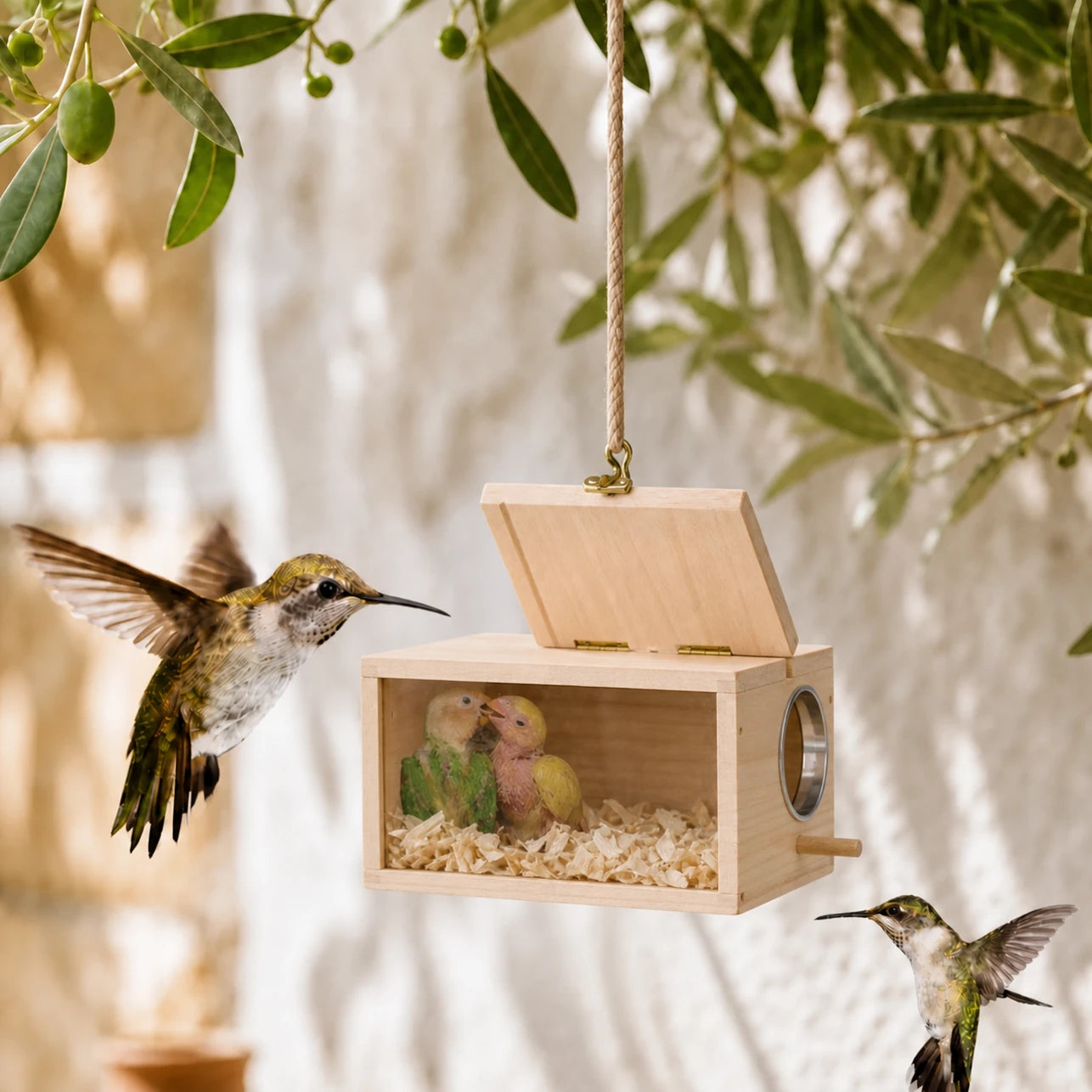 Birdhouse in wood beige size 12 × 12 × 19,5 cm