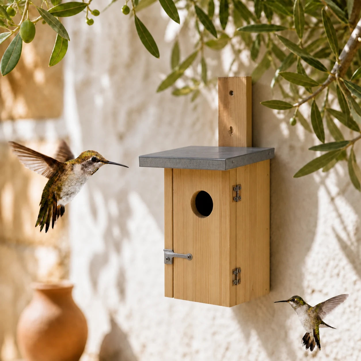 Birdhouse in wood natural with zinc roof and panel decorative
