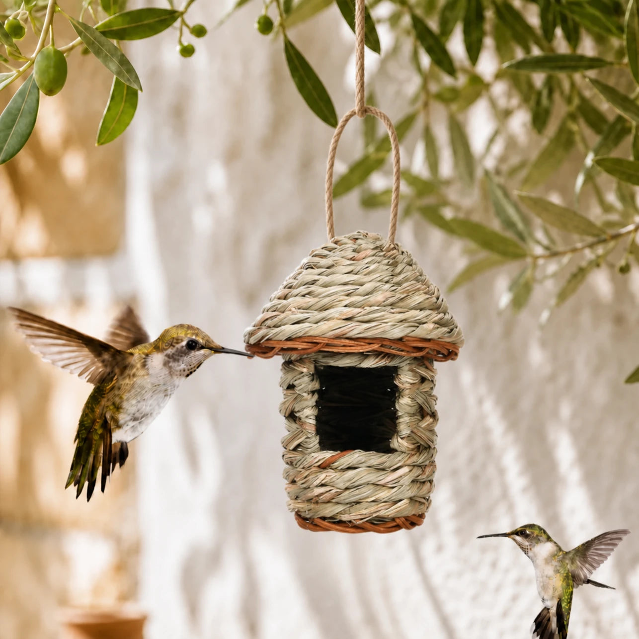 Birdhouse hanging in fibres woven with roof conical