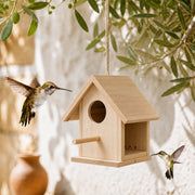 Birdhouse in wood with side open and perch