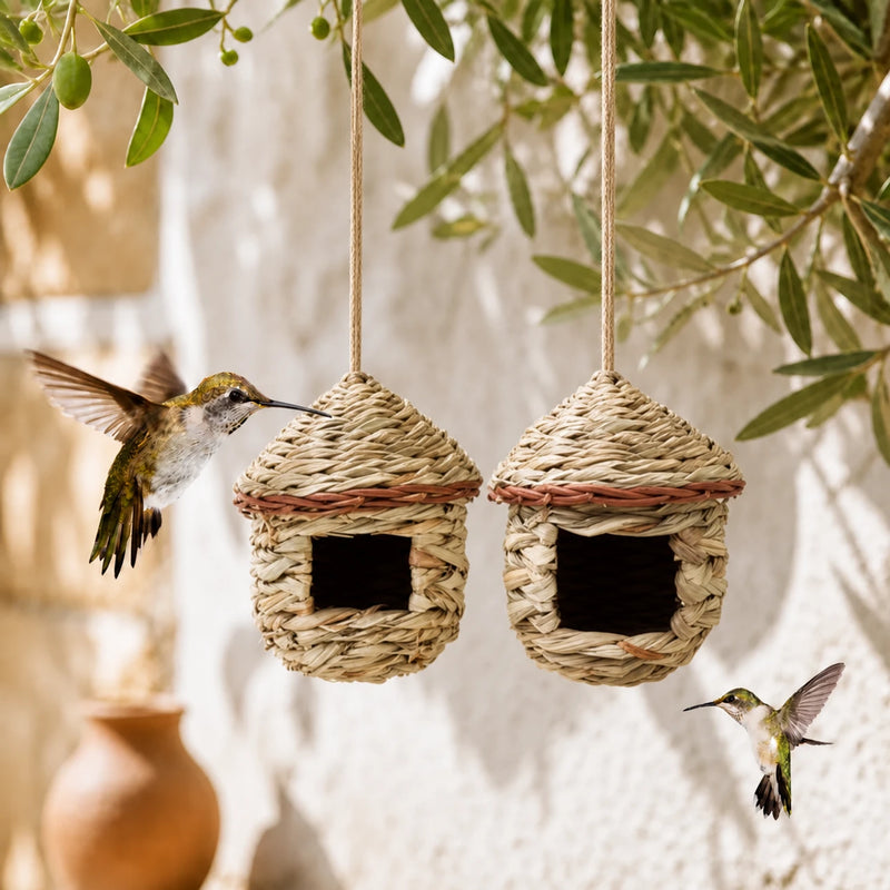 Set of 2 birdhouses hanging in rotin beige