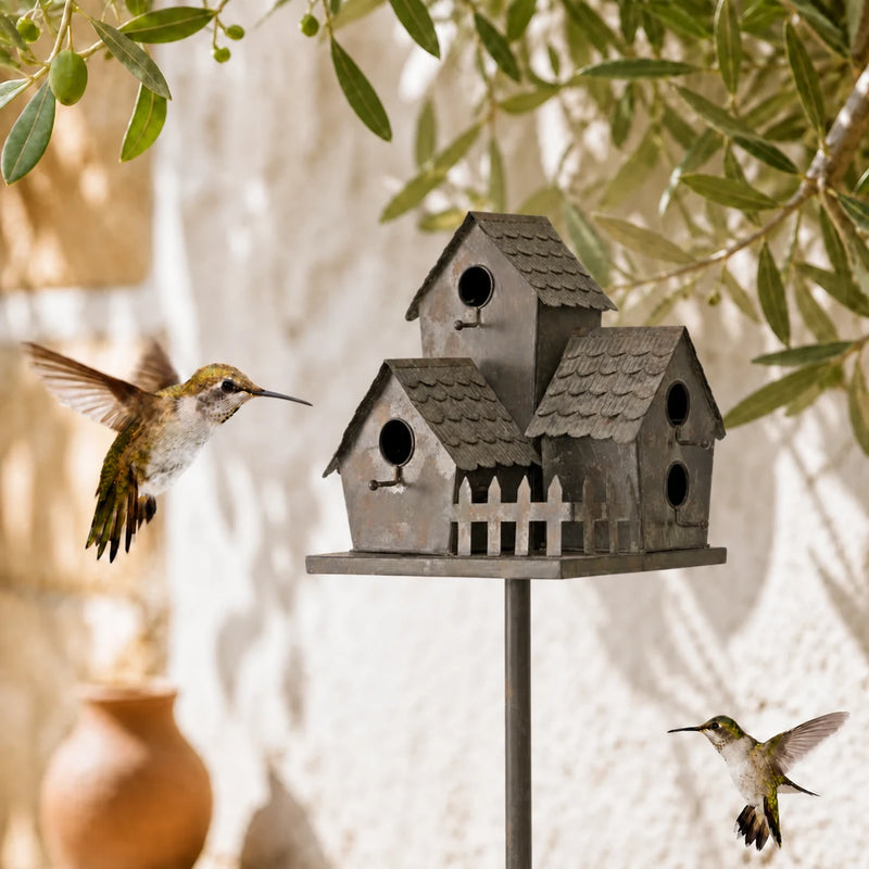 Birdhouse village in iron on with stake