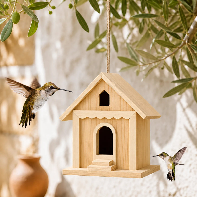 Birdhouse in wood with double entrance and canopy