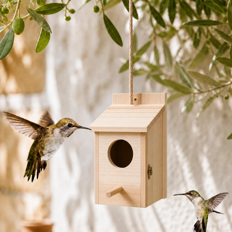Birdhouse hanging in wood beige size 15 × 15 × 22 cm