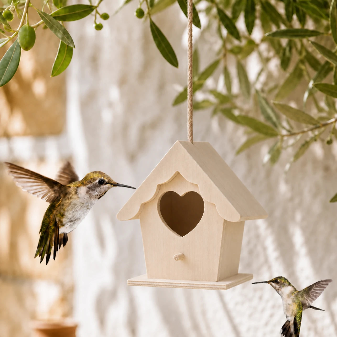 Birdhouse in wood light with entrance heart