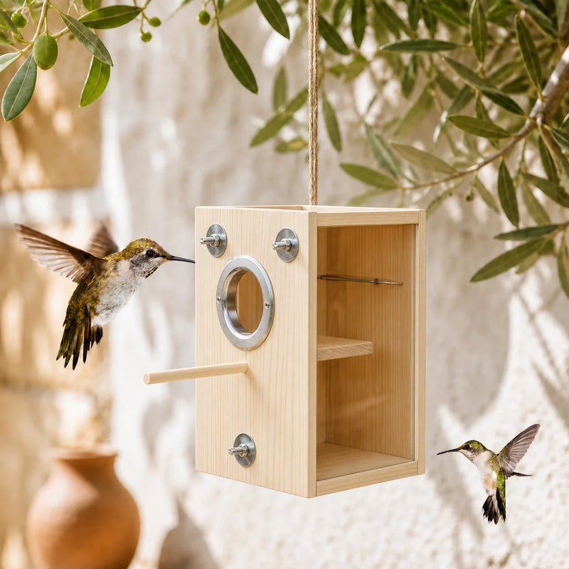 Birdhouse observation in wood with wall transparent