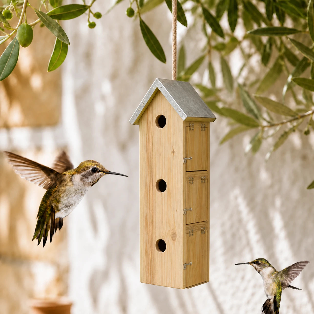 Birdhouse with multiple compartments in pine with zinc roof size 19,5 × 17 × 51 cm