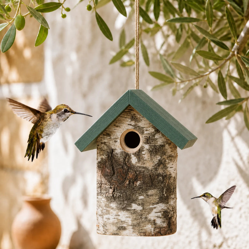 Birdhouse rustic in bark with green roof