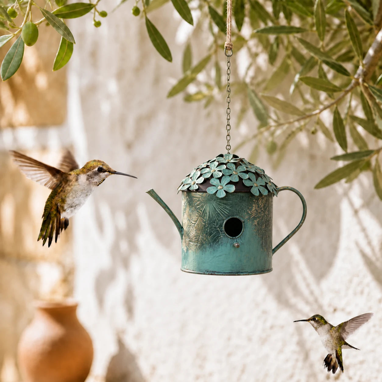 Birdhouse watering-can hanging