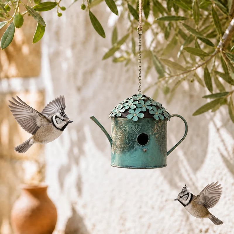 Birdhouse watering-can hanging