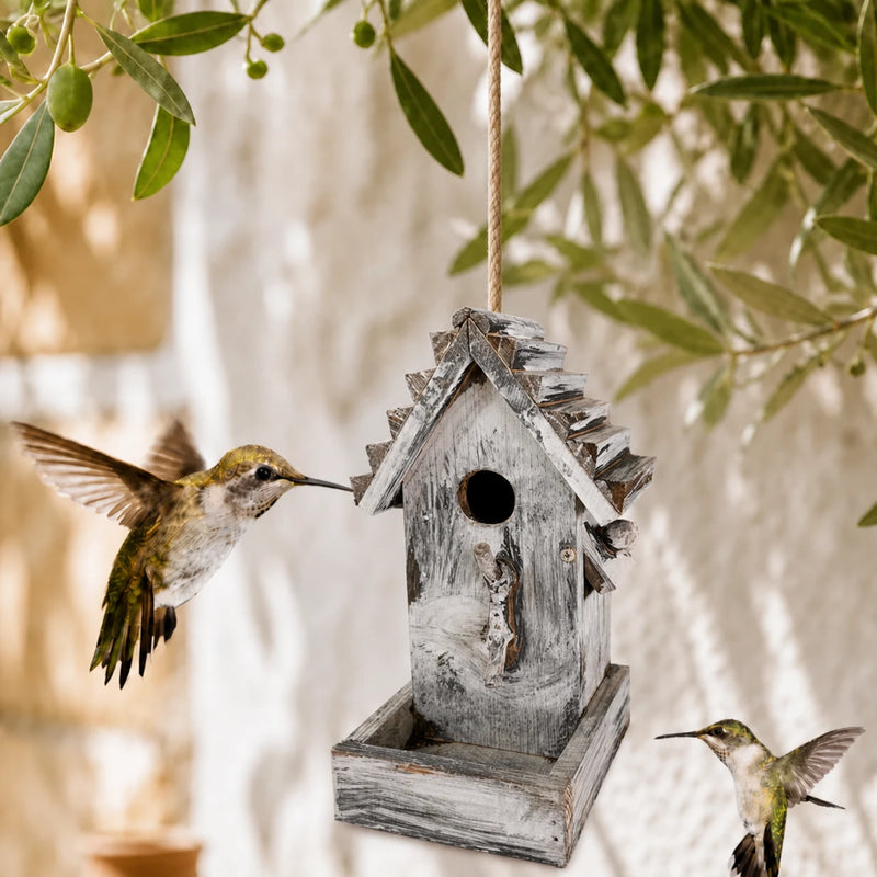 Birdhouse in wood grey size 14 × 13 × 24 cm