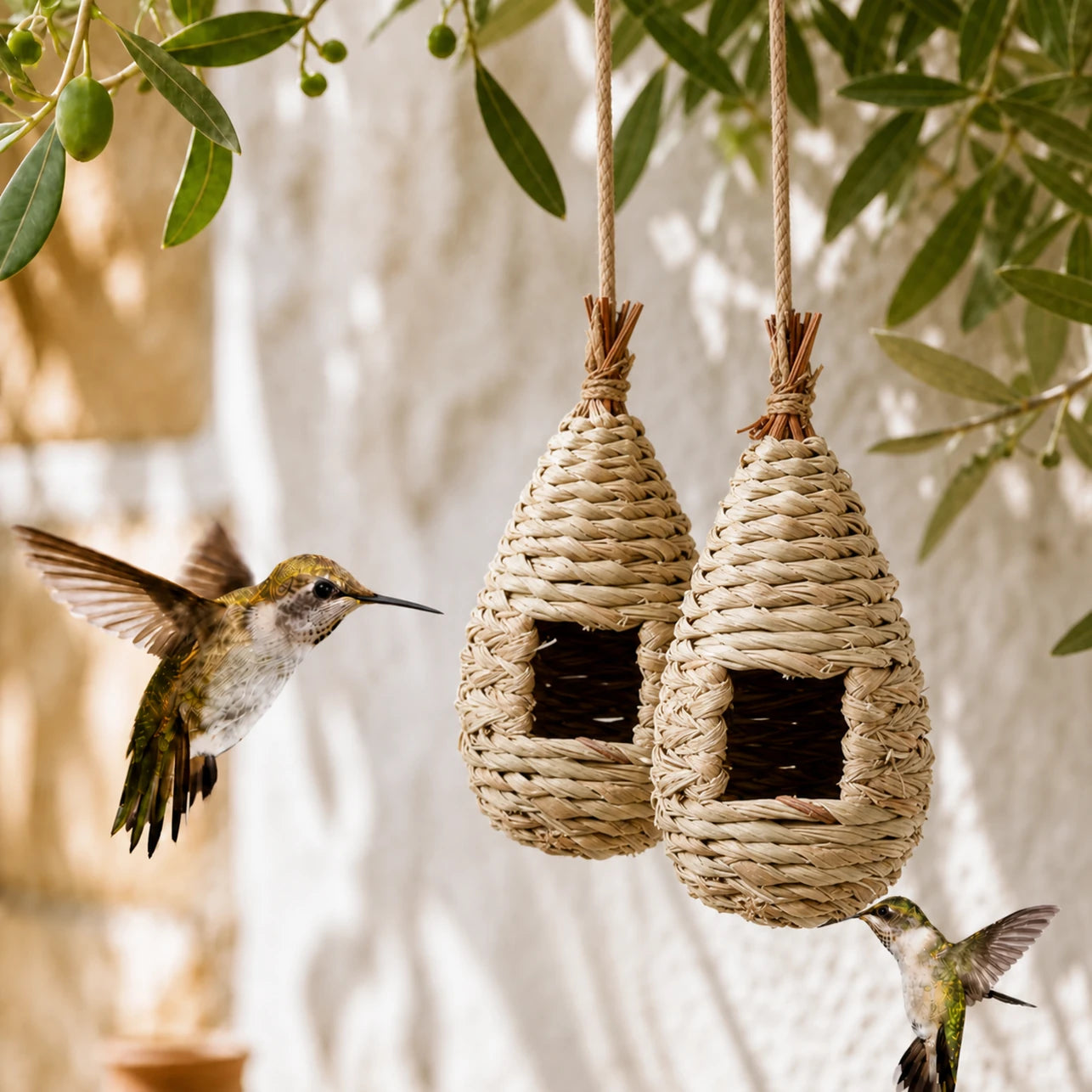 Set of 2 birdhouses hanging beige size 11,5 × 22 cm