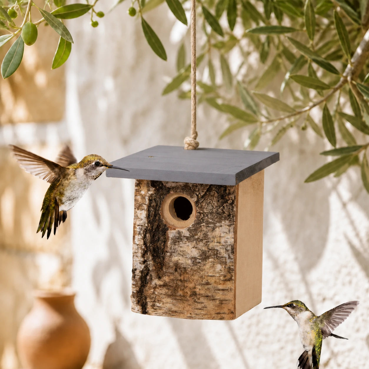 Birdhouse in bark of birch entrance 32 mm