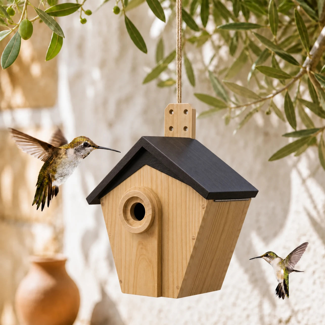 Birdhouse in wood brown with roof black and entrance reinforced