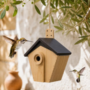 Birdhouse in wood brown with roof black and entrance reinforced