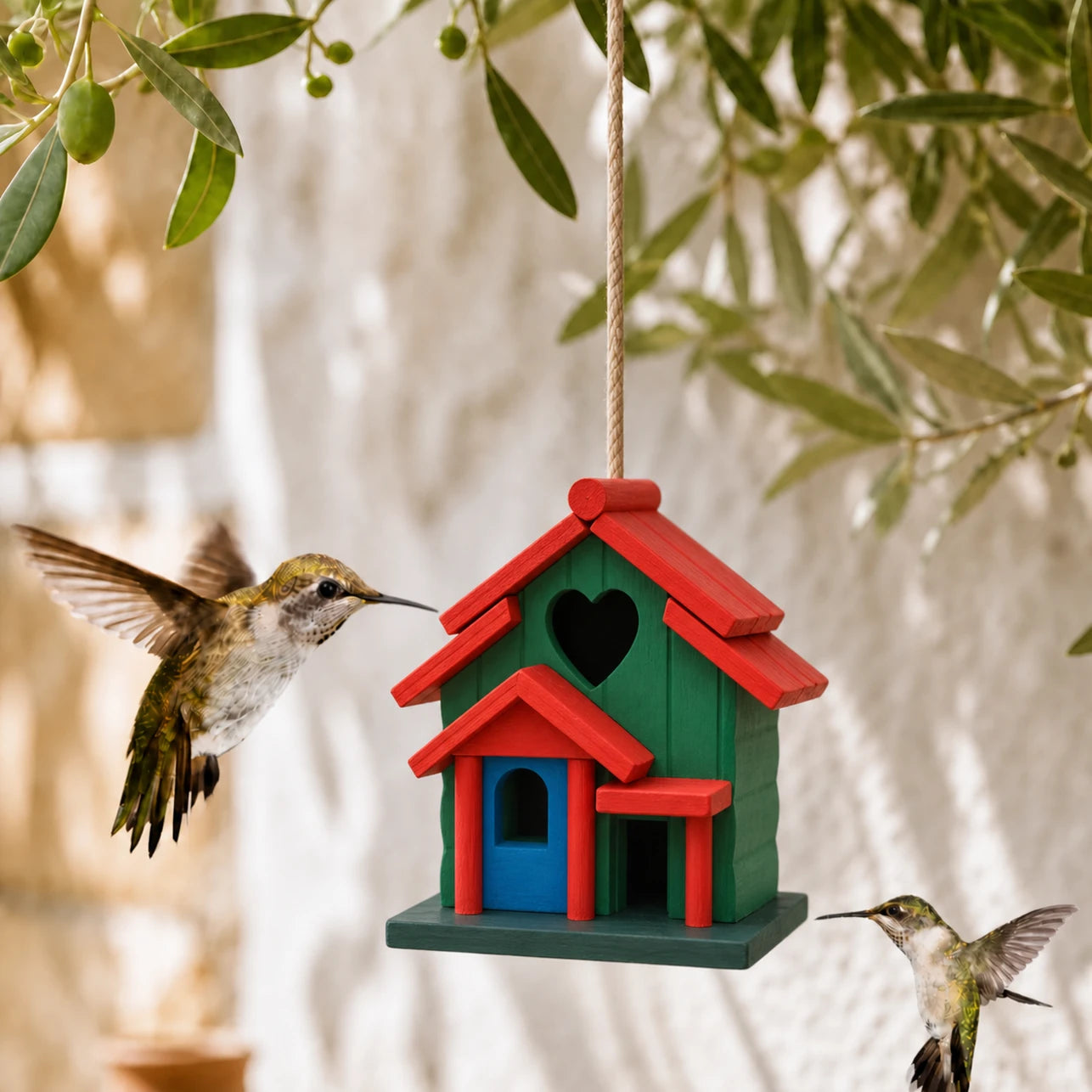 Birdhouse hanging in pine