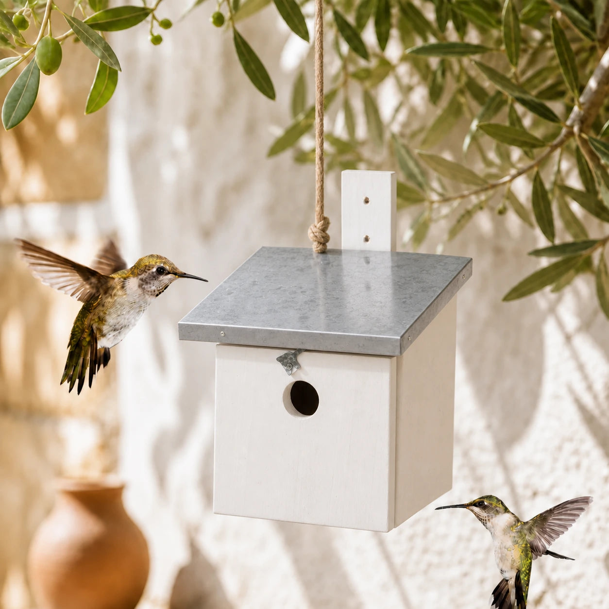 Birdhouse white with roof flat in zinc 32 mm