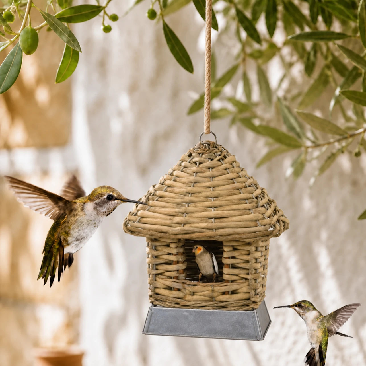 Set of 3 birdhouses hanging in willow with roof conical