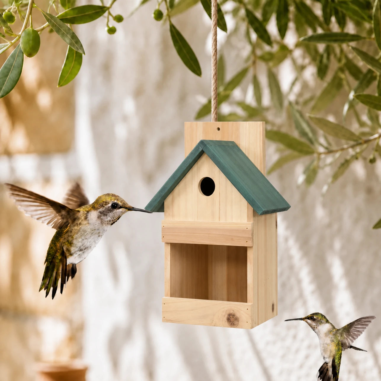 Set of 4 birdhouses observation in fir with green roof beige size 23 × 19 × 33 cm