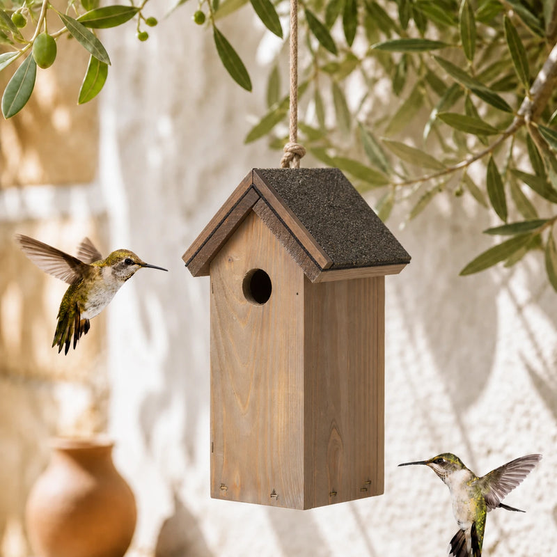 Birdhouse slender brown with double bitumen roof