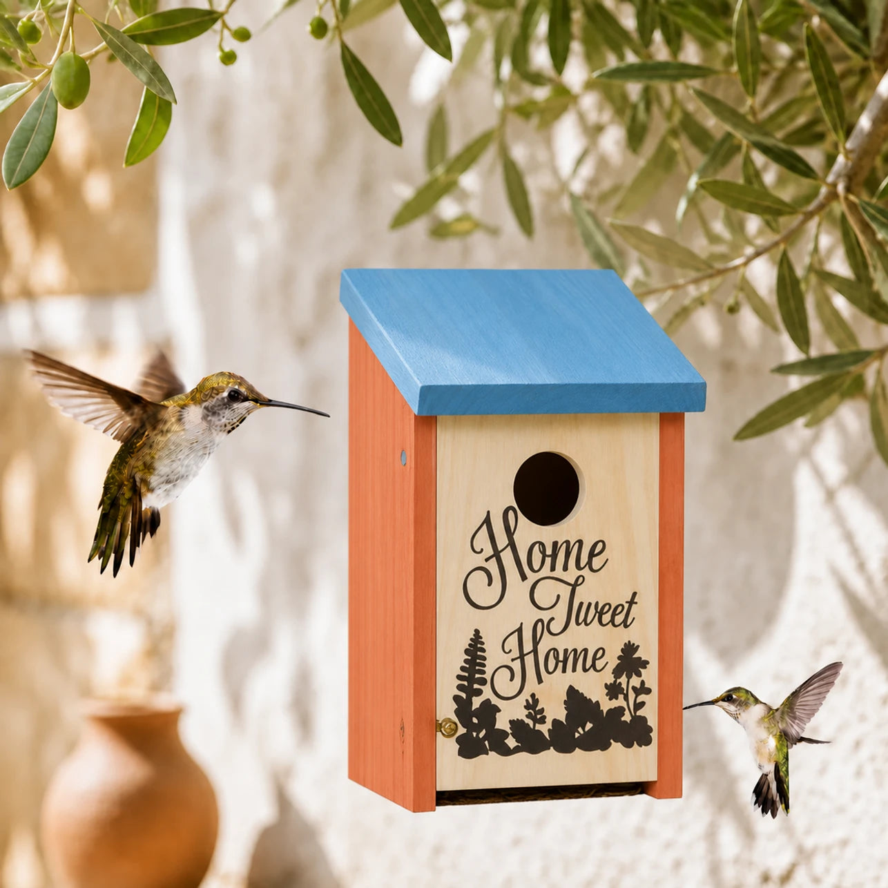 Birdhouse decorative in wood orange with roof blue
