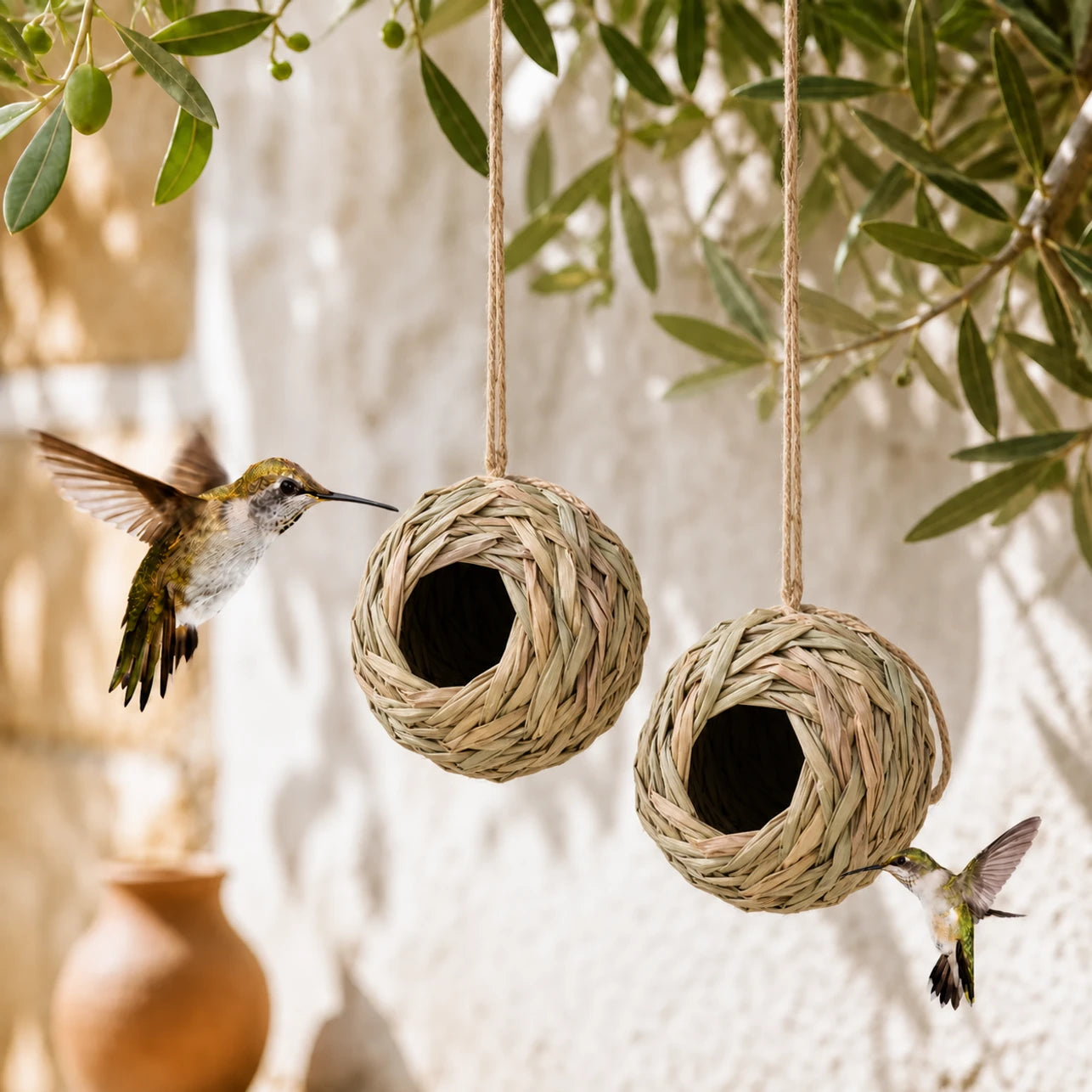 Set of 2 birdhouses hanging round in fibres woven
