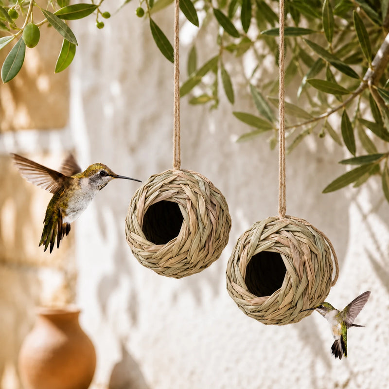 Set of 2 birdhouses hanging round in fibres woven