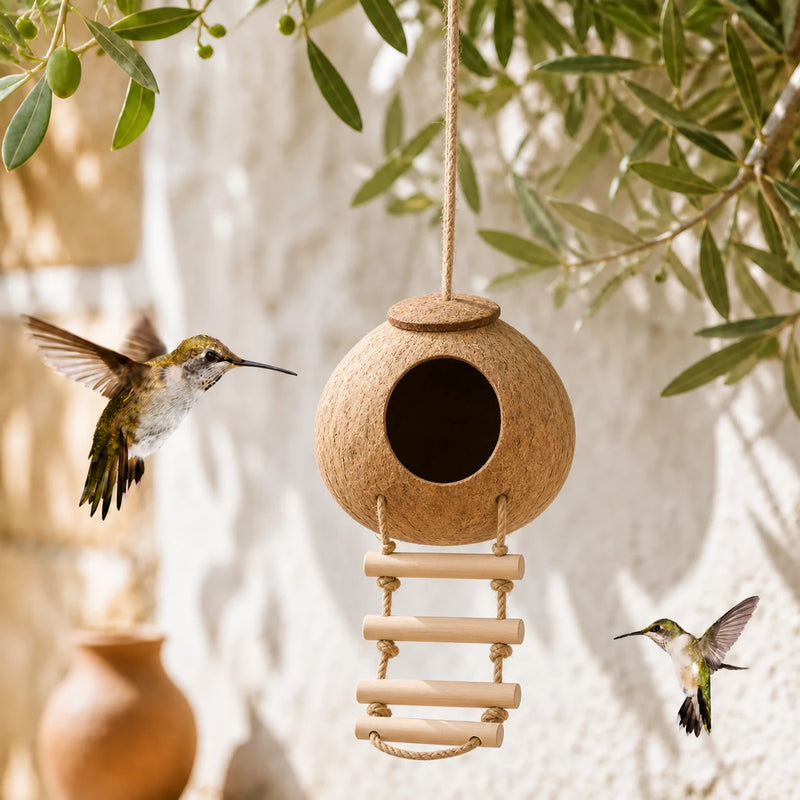 Birdhouse hanging in coconut shell with swing