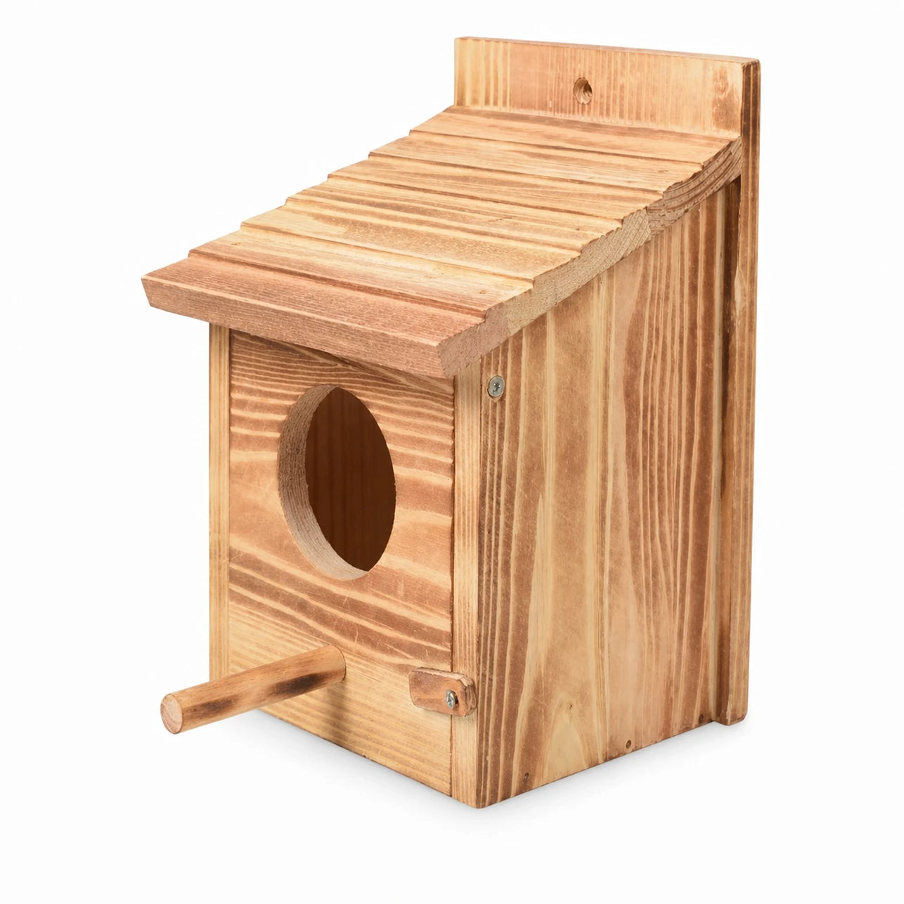 Birdhouse hanging in wood with roof with slats — photo 2