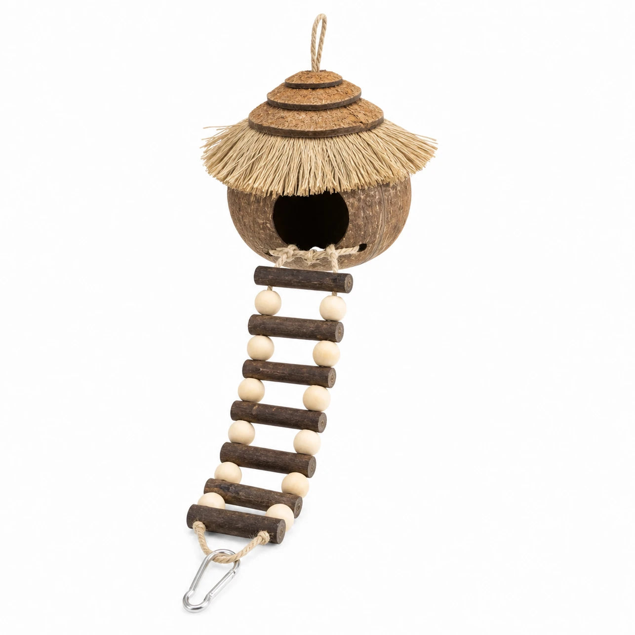Birdhouse hanging in coconut shell with roof of straw — photo 2
