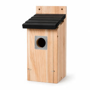 Birdhouse in wood beige with roof black and entrance metal — photo 2