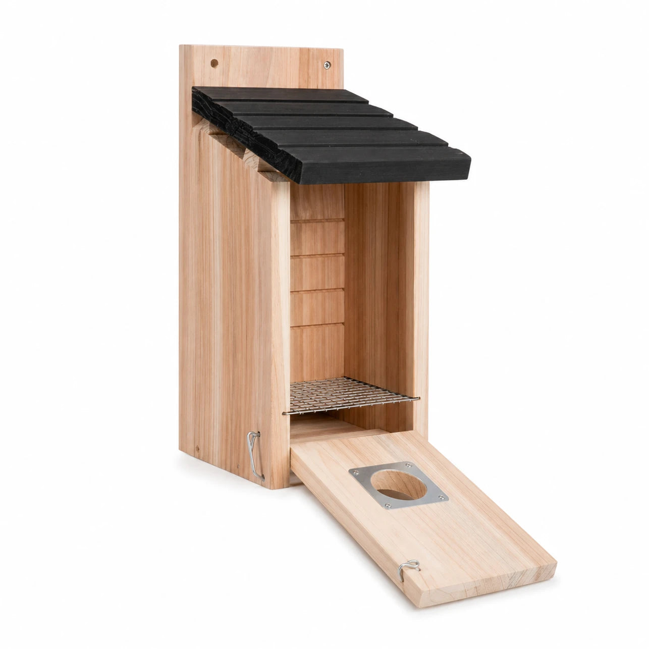 Birdhouse in wood beige with roof black and entrance metal — photo 3
