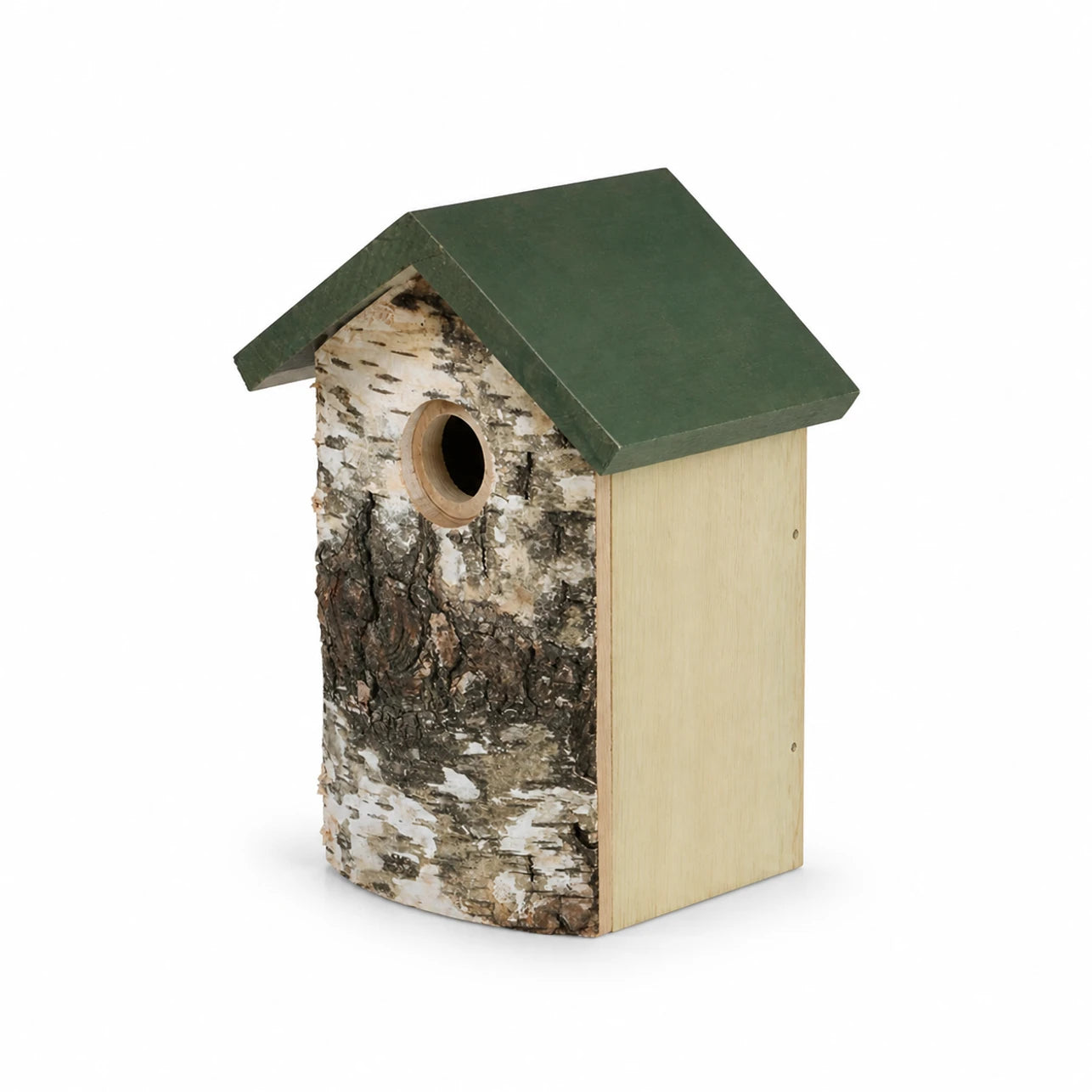 Birdhouse rustic in bark with green roof — photo 3
