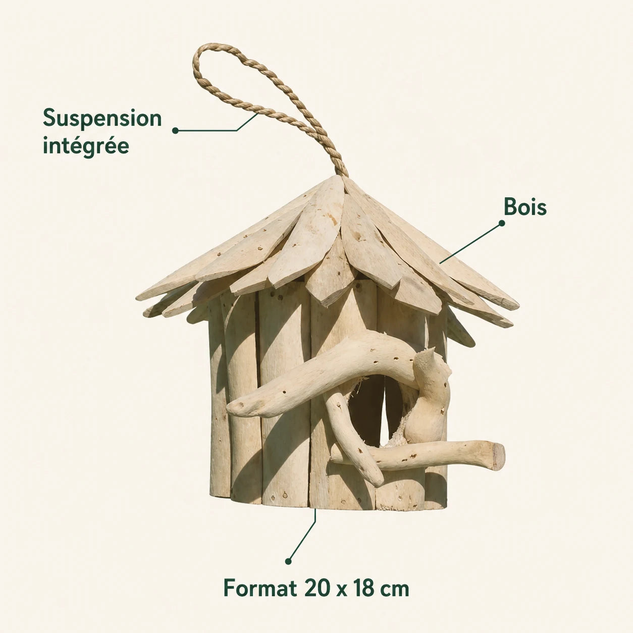 Birdhouse round in wood of albesia 20 x 18 cm — photo 4