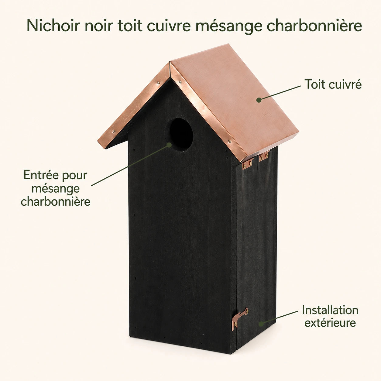 Birdhouse black with roof copper height 30 cm — photo 4