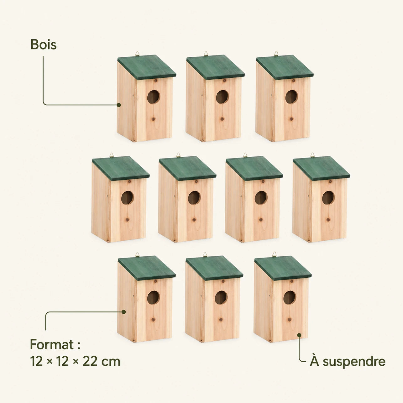 Set of 10 birdhouses in fir green size 12 × 12 × 22 cm — photo 4